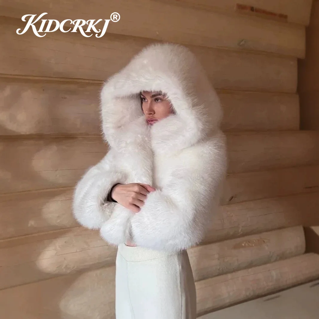 KIDCRKJ Winter 2026 Hooded Cropped Faux Fur Coat Women Pure White Mountain Fashion Fluffy Eco Fox Fur Jacket Girls Hot Overcoat