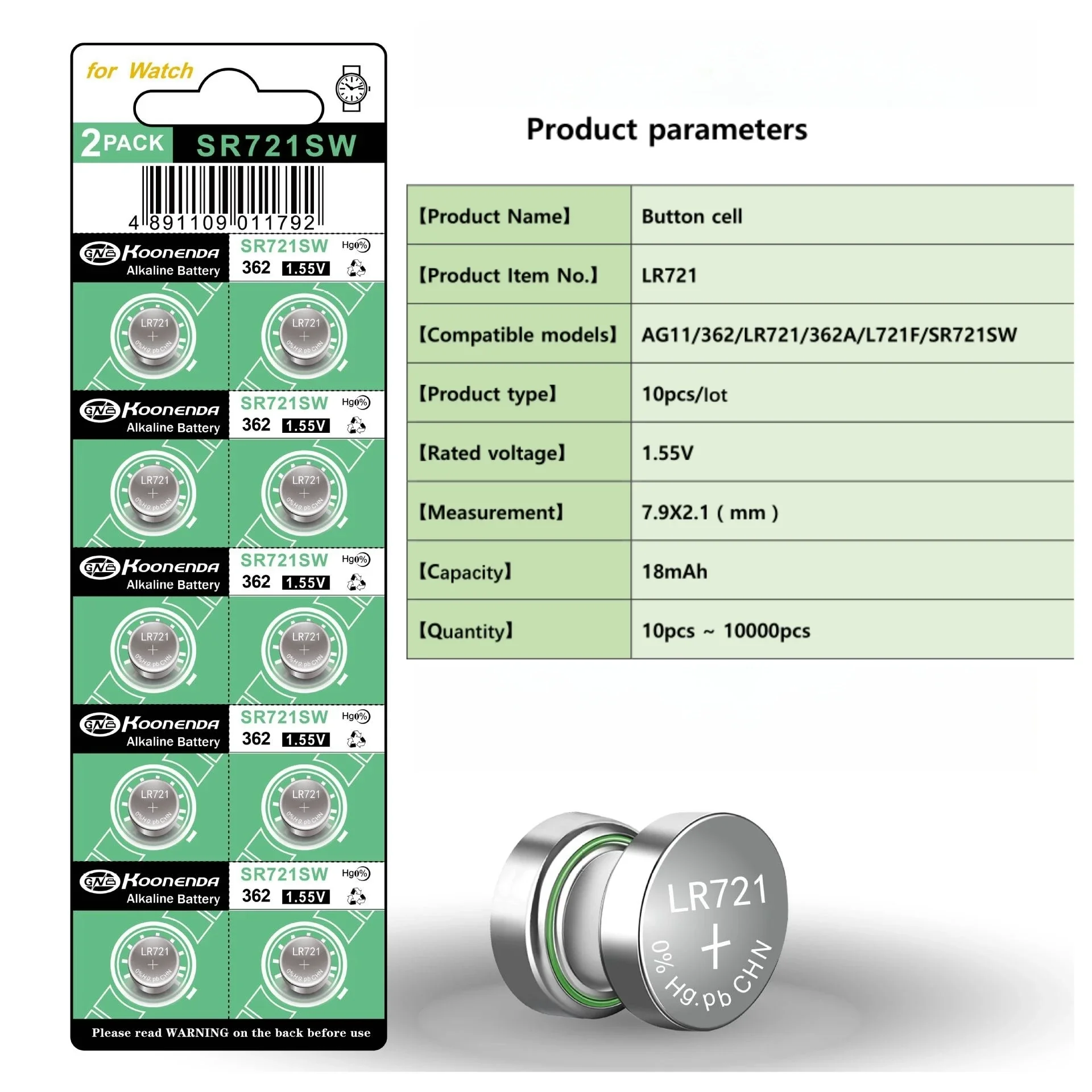 AG11 SR721SW 362 361 162 대용량 1.55V 단추 코인 셀 시계 배터리, 0% Hg 수은 무료, 시계 장난감 원격 선물