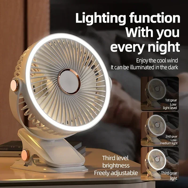 Rechargeable 720° Wide Angle Desk Fan with LED Light 3 Speed Wind 360° Adjustable Head Type C Charging Portable for Home Camping