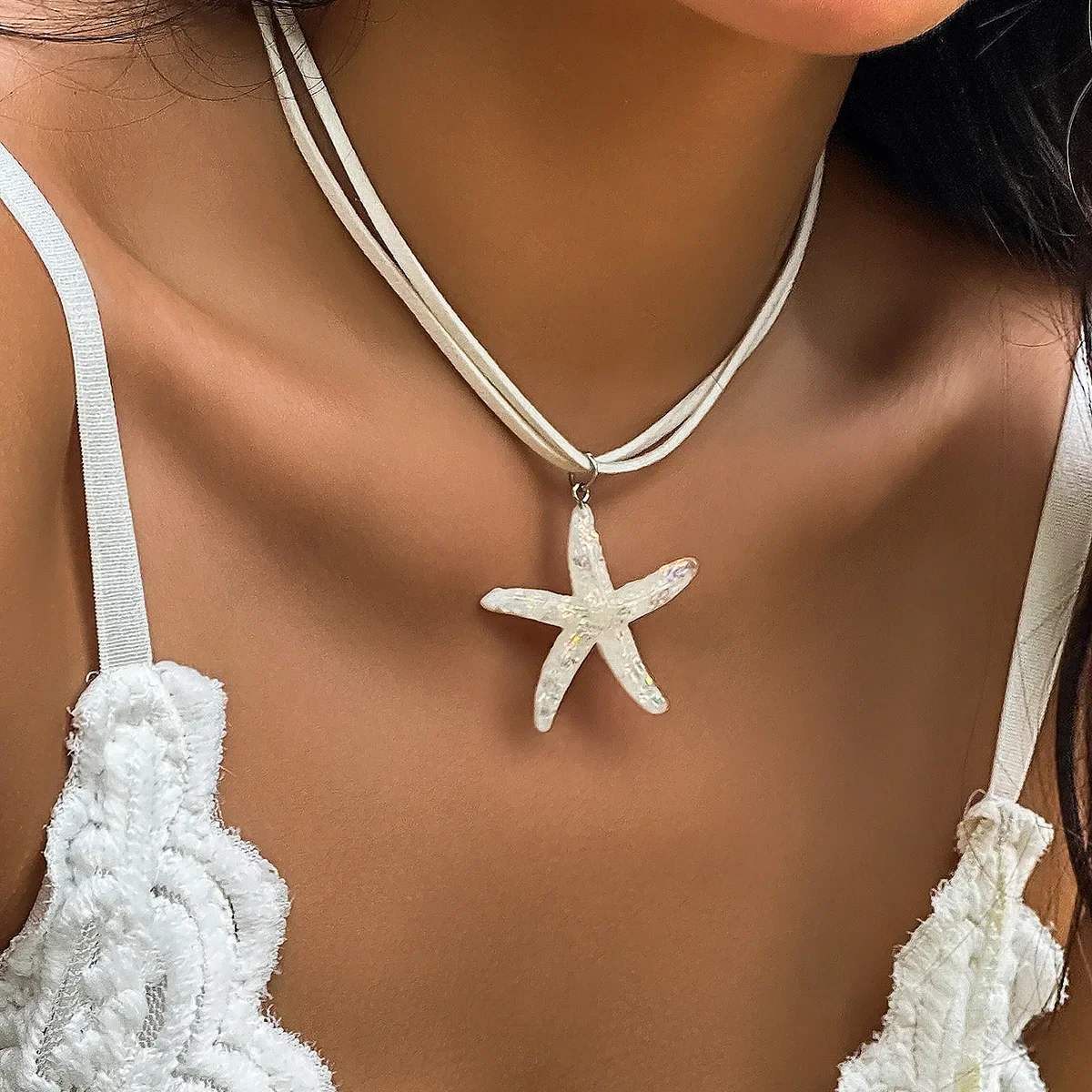 

2024 Multi layered Creative Rope Chain Fashion Beach Jewelry Gift Girl Boho White Blue Starfish Pendant With Necklace Women's