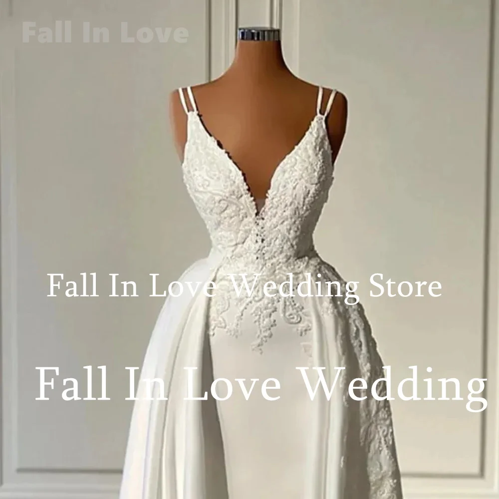 Fall In Love Detachable Train White Wedding Dress Lace Appliques V-Neck Spaghetti Straps Bridal Gown Satin Floor-Length Vestidos