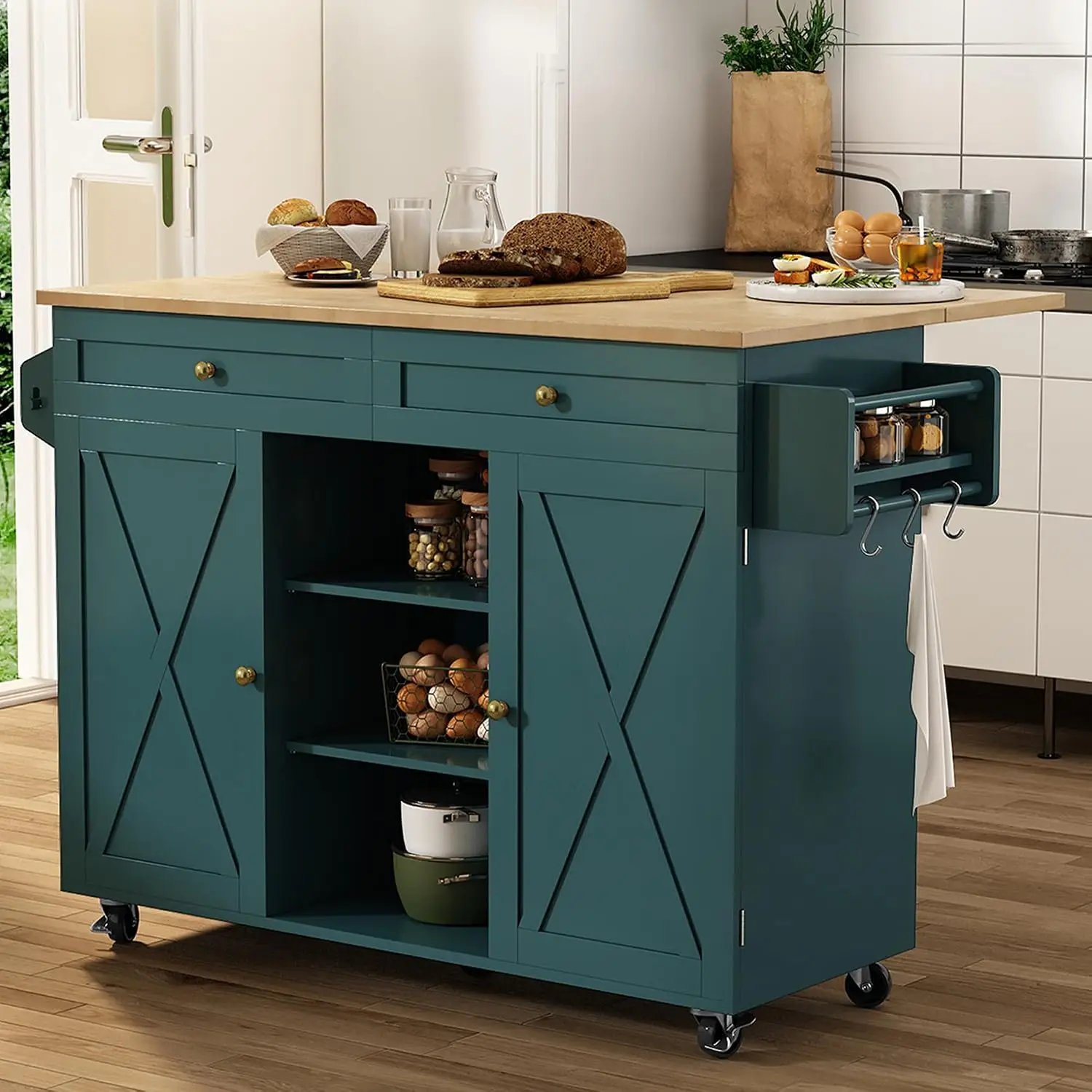 Farmhouse Kitchen Island On Wheels, Teal Green | Rolling Island Cart with Drop Leaf Countertop, Barn Door Island Table with Stor
