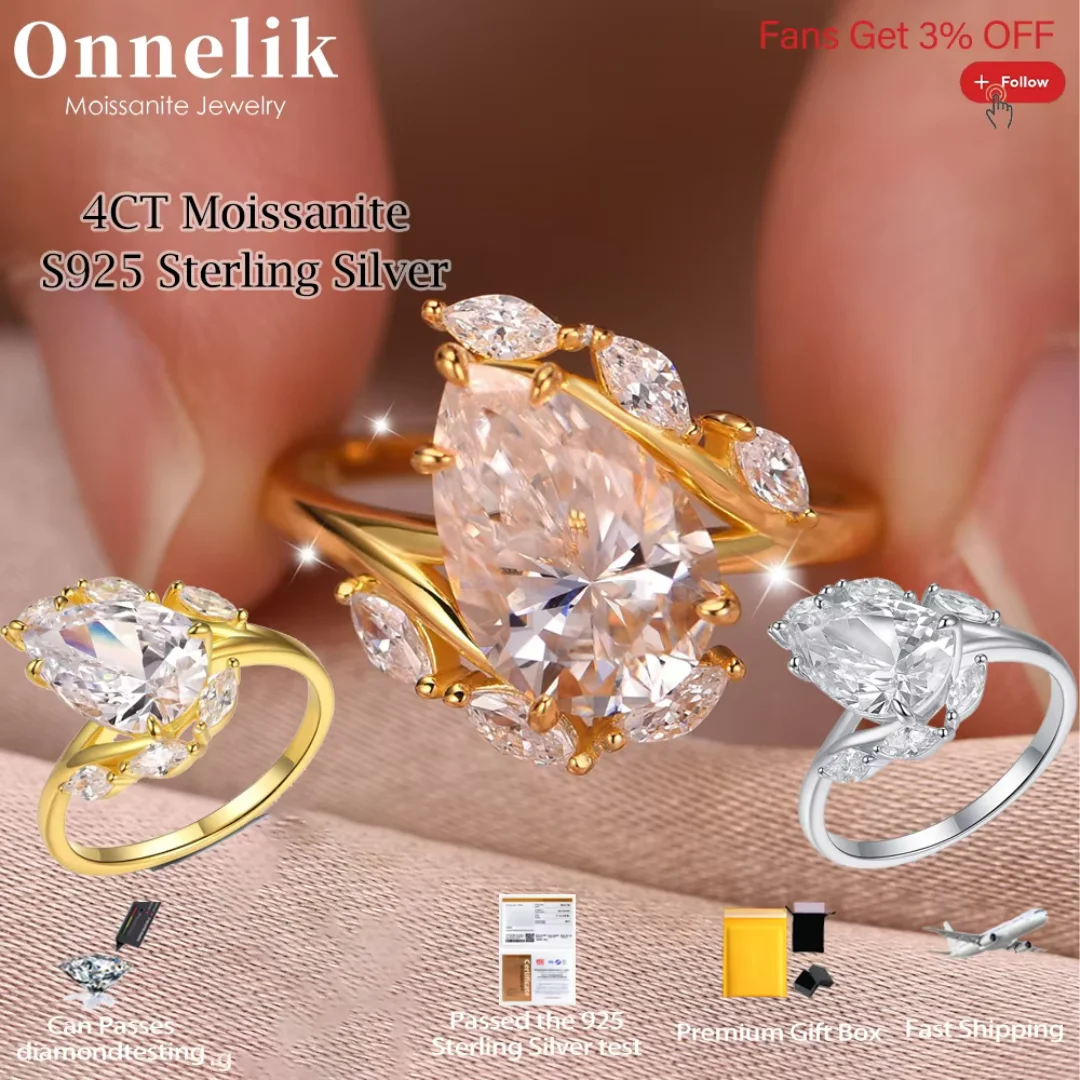 

Onnelik S925 стерлингового серебра 4CT VVS1 кольцо с муассанитом в форме капли воды для женщин, свадебное, помолвочное, вечеринка, сложенные ювелирные изделия