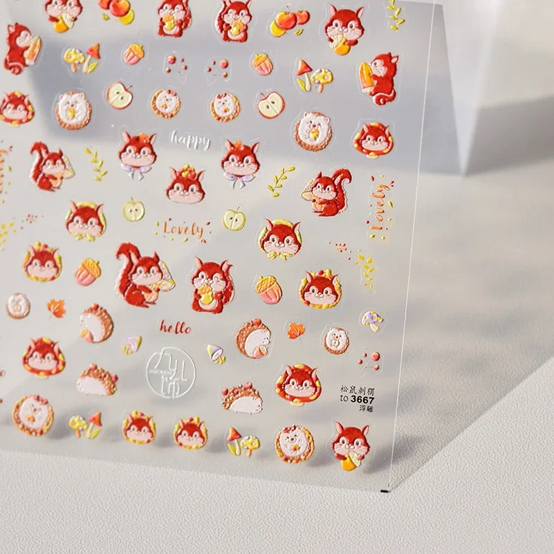 Kawaii Red Hedgehogs Squirrels Dessert Dog Cat Cartoon New Soft Relief autoadhesivo Nail Art Sticker 3D Manicure Decal