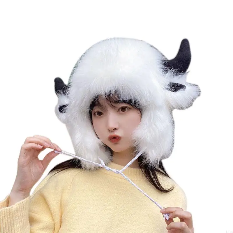 

L5YA Women Winter Trapper Hat Earflap Warm Slouchy Fleece Plush Animal Antler Ear