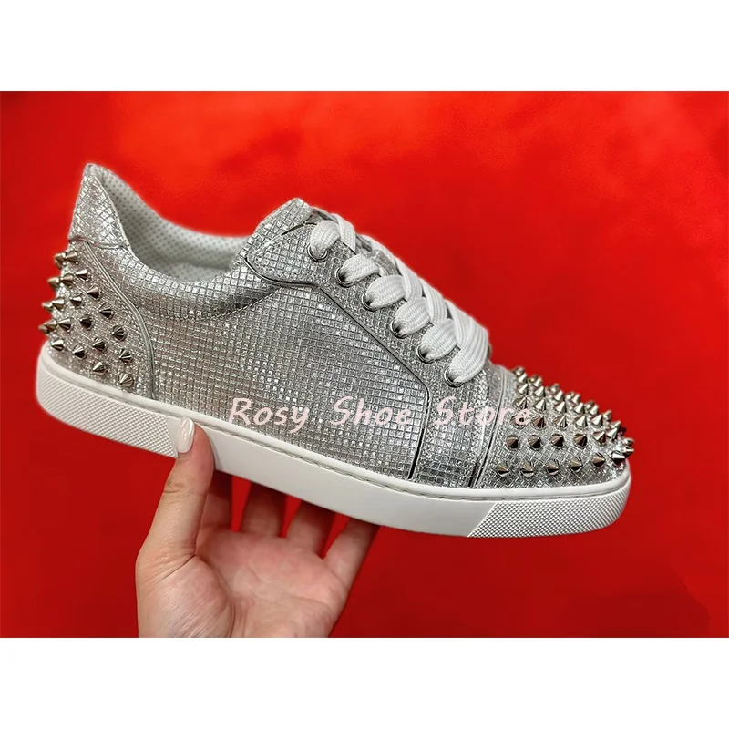 

Men Women Silver Glitter Metallic Plaid Pattern Toe Rivet Decor Sneaker Round Toe Back Heel Stud Lace Up Flat Daily Casual Shoes