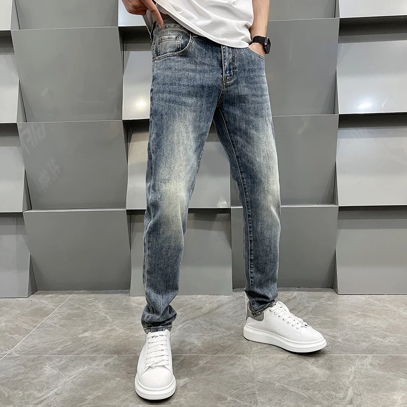 Simple and light luxury jeans men's high-end stretch slim straight fashion all-match Street casual trousers summer menswear