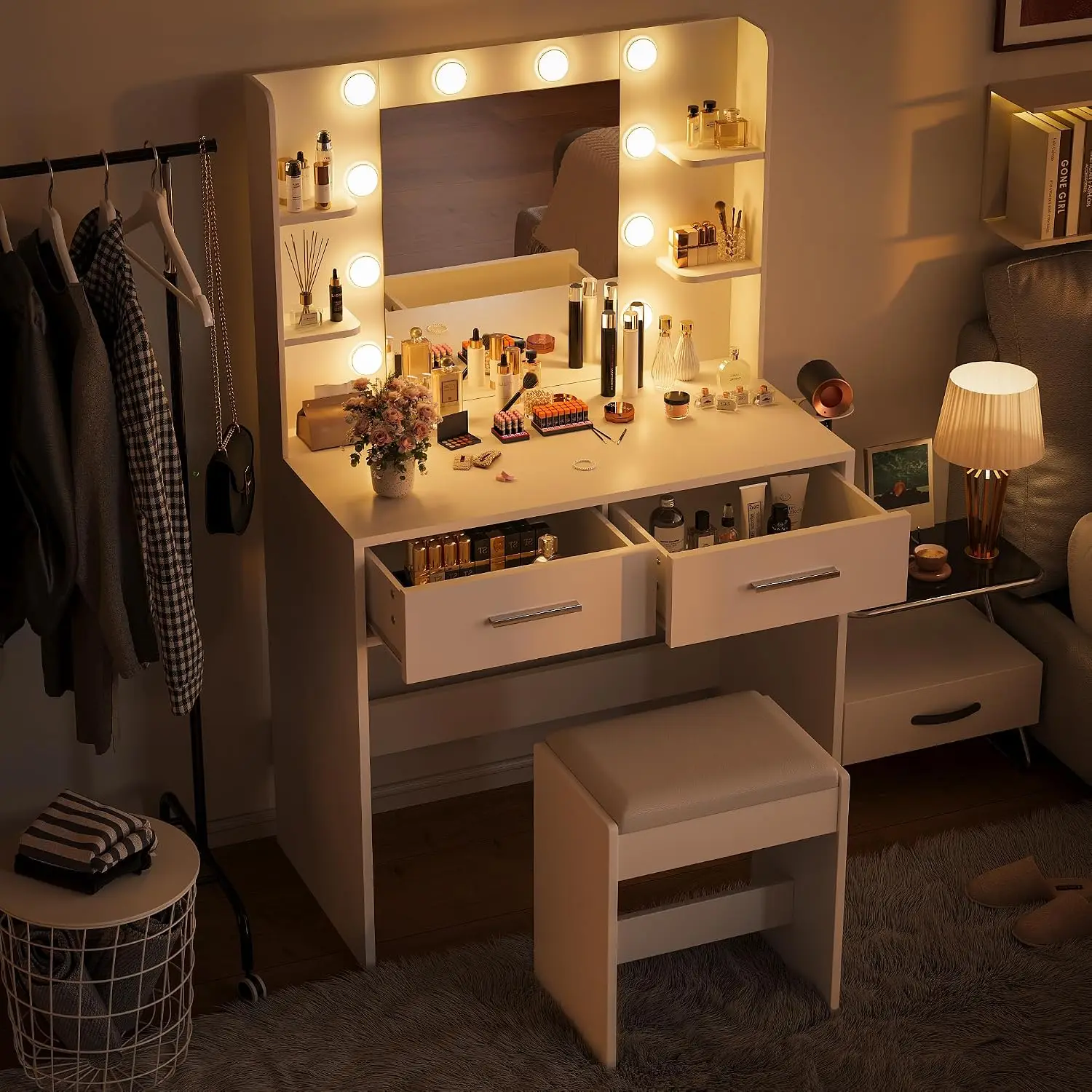 Makeup Vanity Desk with Mirror and Power Outlet, White | 3 Color Light Options Adjustable Brightness, 2 Drawers, 6, Customized