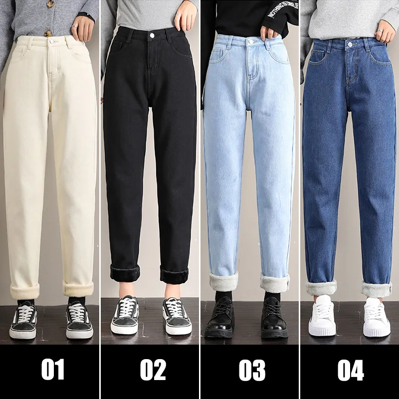 Women Winter Jeans Velvet Thick Warm Denim Pants High Waist Fleece Mom Jeans Vintage Denim Thermal Stretch Trousers