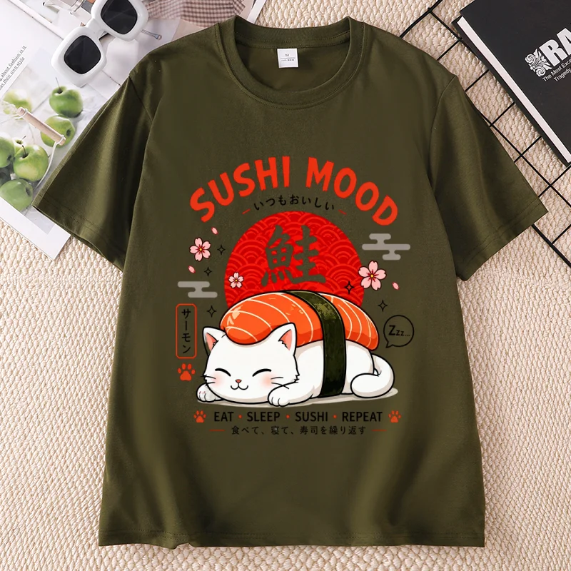 Sushi Mood Cat T-Shirt Men Women Cute Sushi Cat Tee Funny Kawaii Cat T Shirt Eat Sleep Casual Short Sleeve Graphic Tee