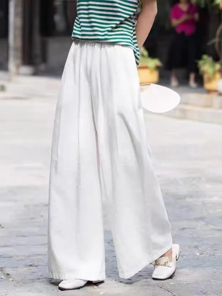 กางเกงขายาวผ้าลินินทรงหลวมสำหรับผู้หญิง ใส่สบายในฤดูร้อน ทรงกระโปรงยาวแบบหลวม ไซส์ใหญ่ ใส่สบายๆ สไตล์ลำลอง ยามาน กางเกงขายาวทันสมัย