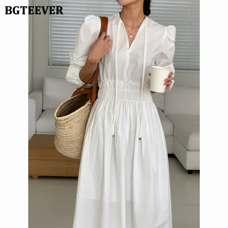 

BGTEEVER Casual Lace-up V-neck Elastic Slim Waist Women A-line Dress Elegant Long Sleeve Female Midi Dress Autunn Vestidos