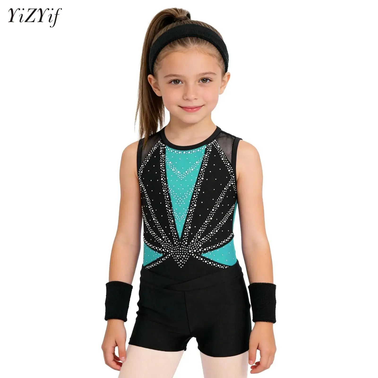 

Big Girls Gymnastic Leotard Shiny Rhinestones Long Sleeve Ballet Dance Unitards Figure Skating Workout Jumpsuits Performance Set