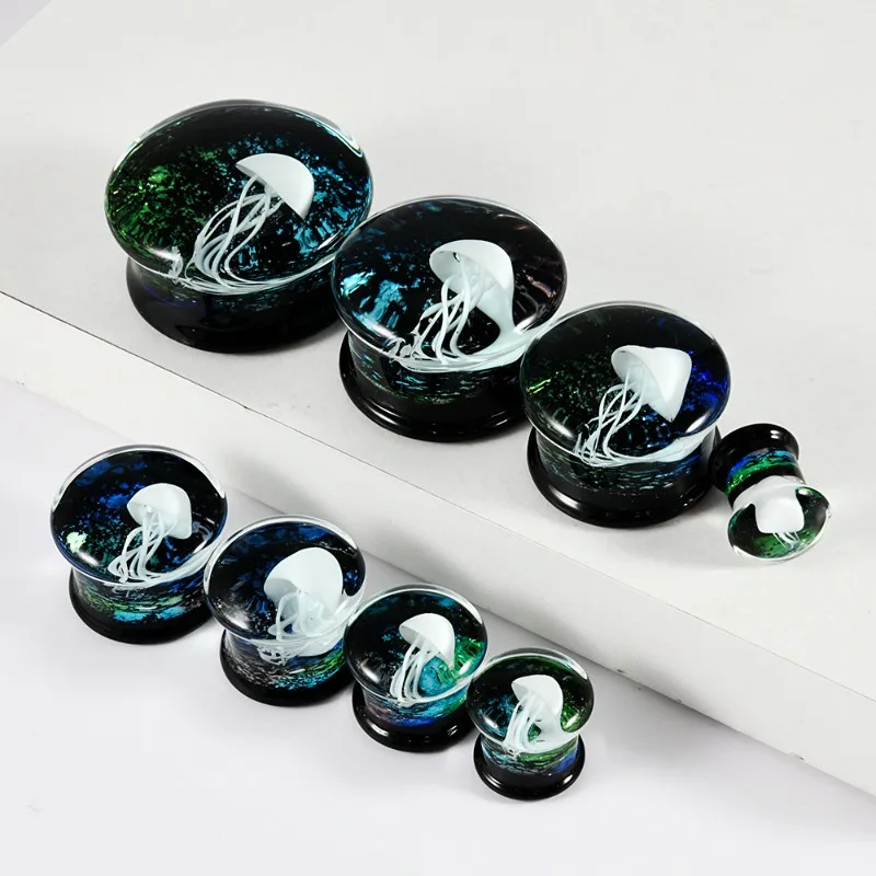 1 Pair White Jellyfish Glass Auricle Color Foil Integrated Solid Waist Drum Ear Expansion Piercing Ear Hole Ear Jewelry