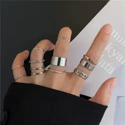 10 Pcs/set Minimalist Ring Sets Women Men Punk Chain Finger Tail Rings Gold Color Silver Color Wide Ring Personality Jewelry C