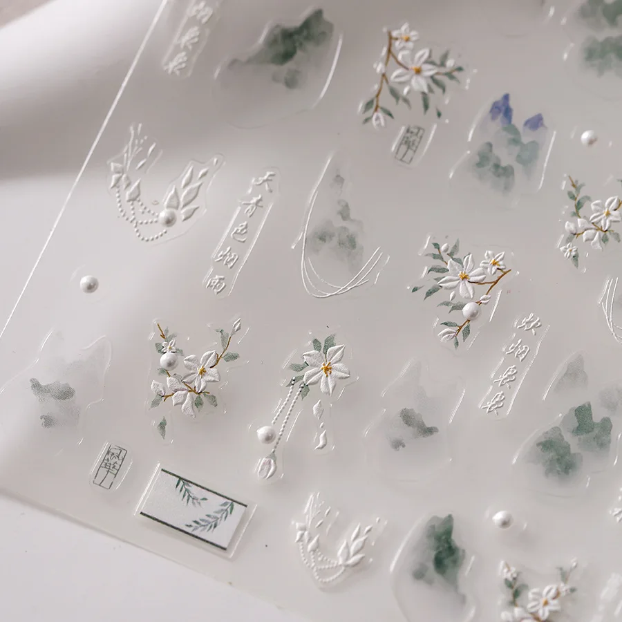 1 Pc 5D Antique Flower Nail Stickers High Quality Embossed Flower Nail Art Stickers Transparent Diamond Nail Decoration Stickers