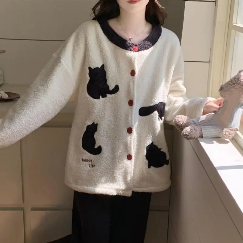 

New Women's Coral Fleece Pajama Set Half Pile Cute Loose Fit Winter Warm Sleepwear Cozy Comfortable Solid Color Homewear