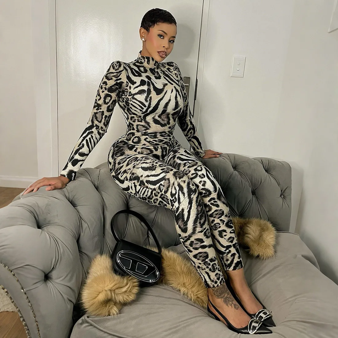 Fashion Wild Leopard Print Skinny Jumpsuits Women Fall Winter Turtleneck Long Sleeve Peach Hips Slim Casual Overalls Clubwear