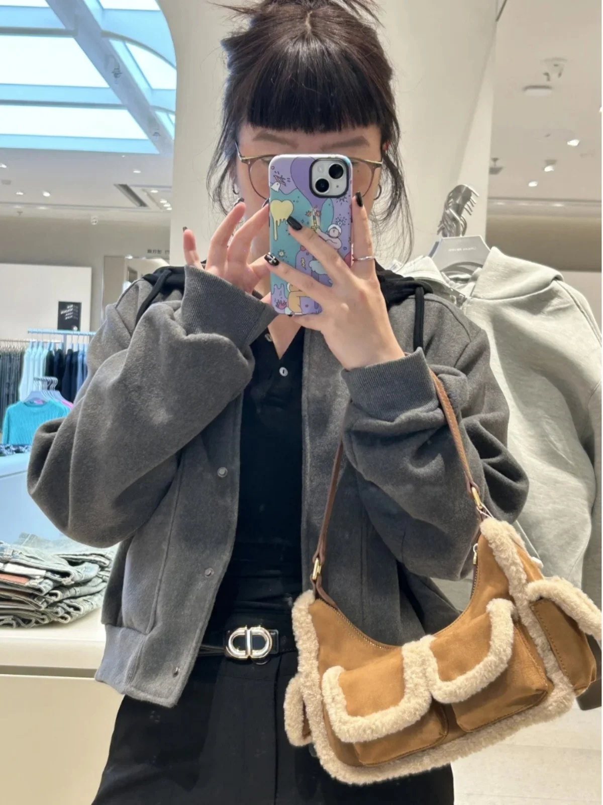 

Retro Lamb Fur Underarm Bag Women's Single oulder Bag Patchwork Handbag Nylon Material Daily Use Spring Season