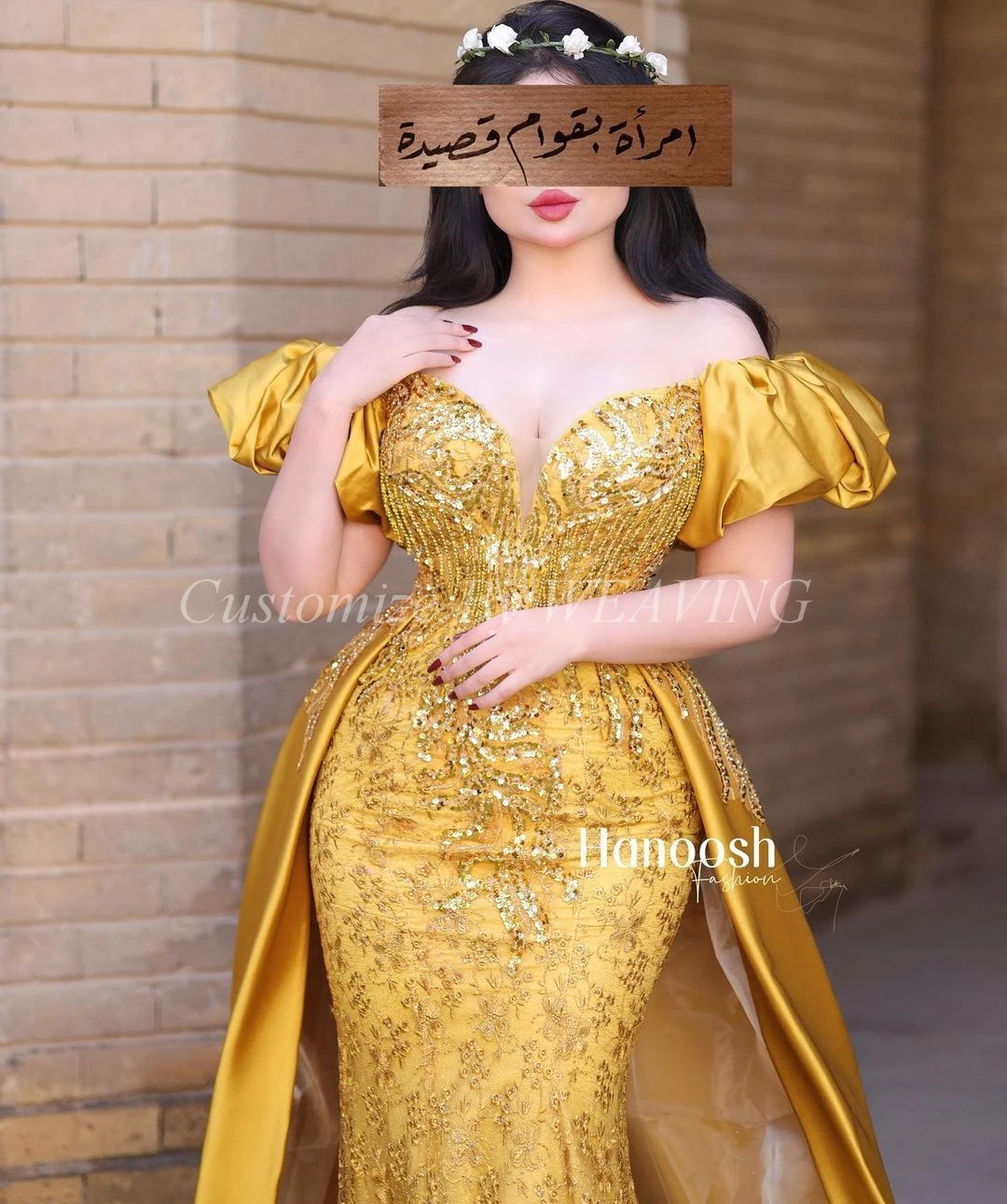 Customized Gold Lace Puff Sleeves Prom Dresses Off The Shoulder Sequins Floor Length Saudi Arabic Women Evening Party Dress