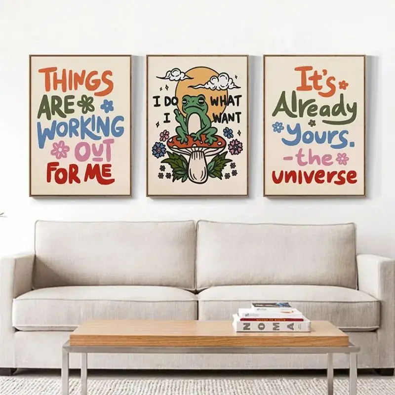 الملونة الرجعية المشاعر الإيجابية يقتبس المشارك Kawaii الضفدع القط الكلب الدوبامين ديكور قماش اللوحة صورة فنية جدار اكسسوارات المنزل