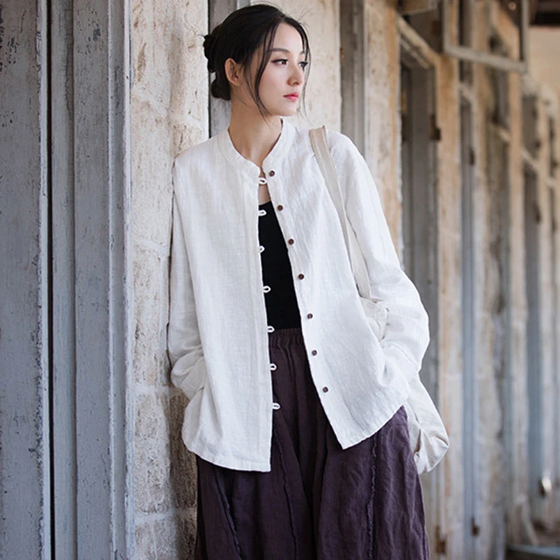 

Women Long Sleeve Cotton Linen Shirt New Arrival 2025 Spring Vintage Style Stand Collar Loose Female Casual Tops Shirts T559