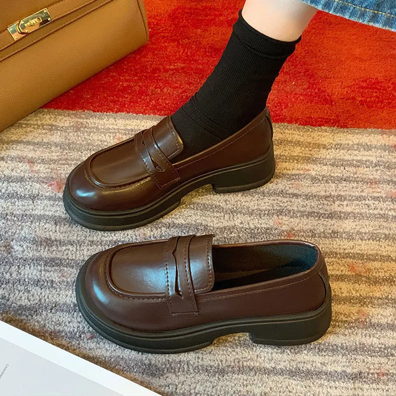 Women's Leather British Style Black Thick-Soled Loafers Slip-On Round Toe Clogs Platform JK Uniform Single Shoes