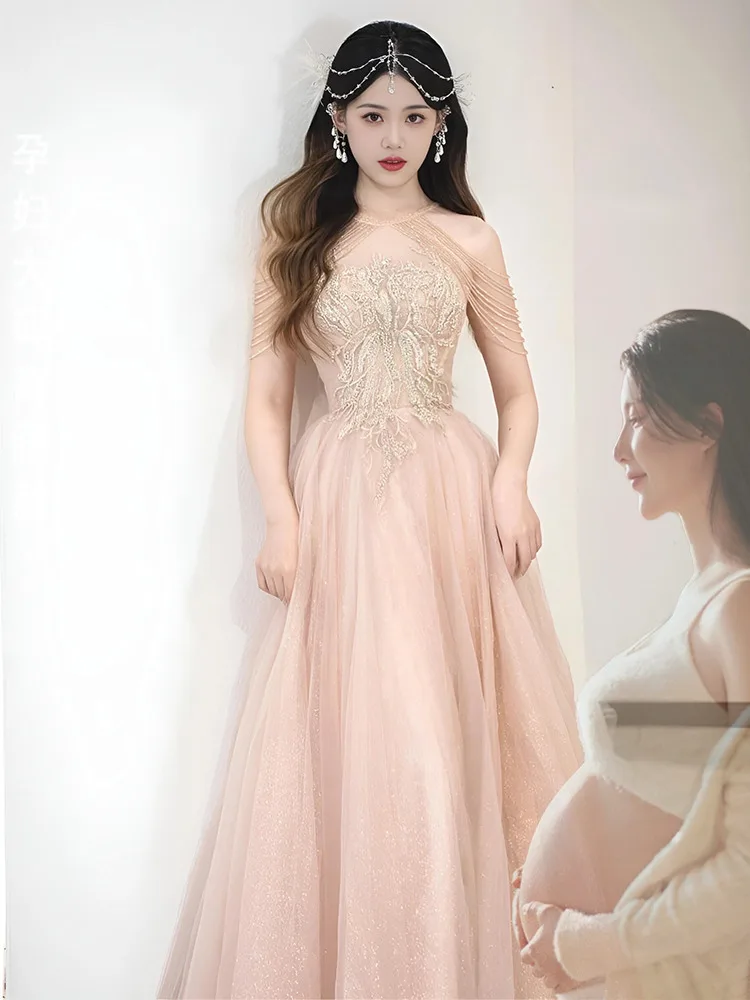 

Розовое свадебное платье больших размеров с высокой талией, расшитое пайетками, для беременных, скрывающее живот, для вечеринок