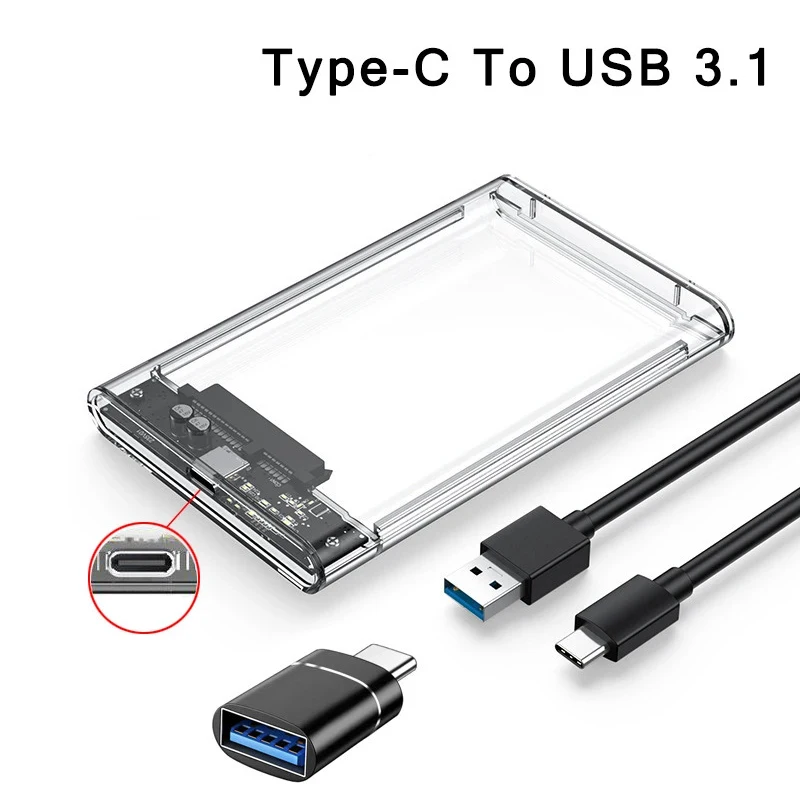 2,5 inch harde schijf behuizing USB 3.0/Type C naar SATA III Heldere externe harde schijf behuizing voor 2,5 inch SATA SSD HDD Ondersteuning UASP