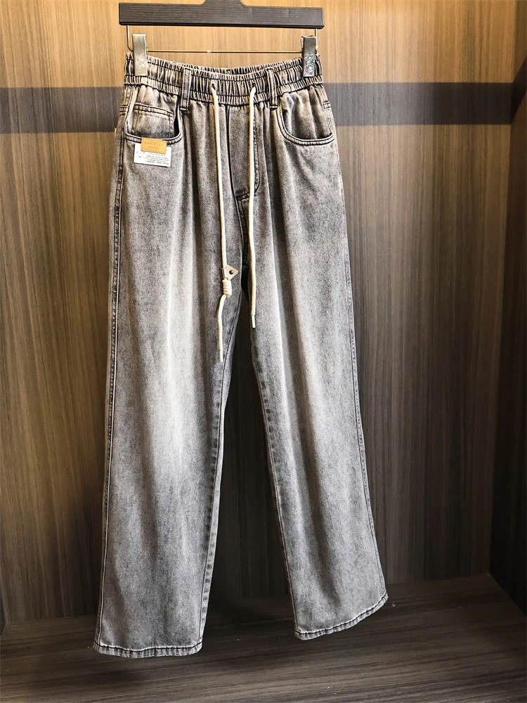 

Повседневные свободные прямые мужские джинсы с завязками, весна 2025 г., универсальные удобные хлопковые эластичные джинсовые джинсы со средней талией