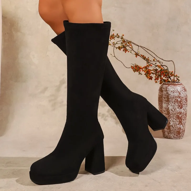 

2026 Winter New Brand Women Boots Fashion Round Toe Slip on Knee-high Boots Square High Heel Long Boots Shoes Ladies Black
