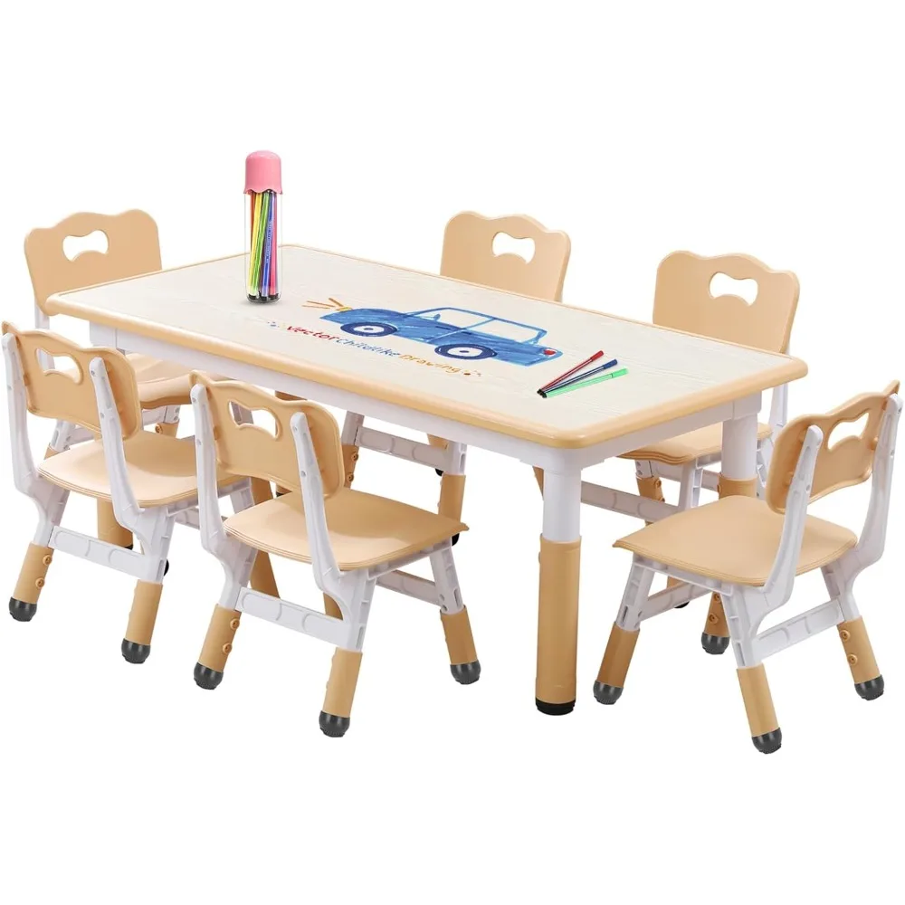 

Детский стол с регулируемой высотой и 6 стульями, подходит для детей от 3 до 12 лет, стол для творчества и рукоделия, удобная поверхность для граффити, противоскользящая ножка