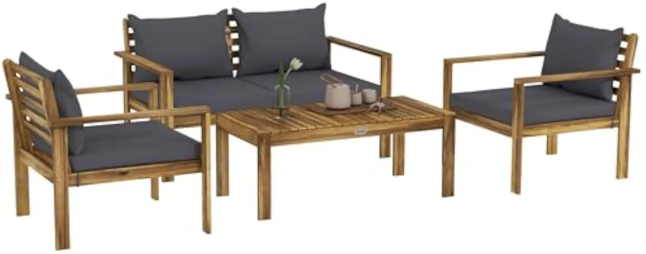 Patio Furniture Set, 4 Piece Acacia Wood Conversation Set with a Sofa, Table & Chairs, Cushions with Removable Covers