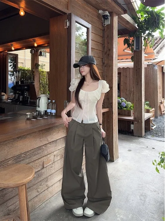 

Классический комплект: брюки с рукавами-фонариками и вставками в стиле пэчворк, повседневные длинные брюки, женская модная коллекция весна, зеленый и коричневый цвета