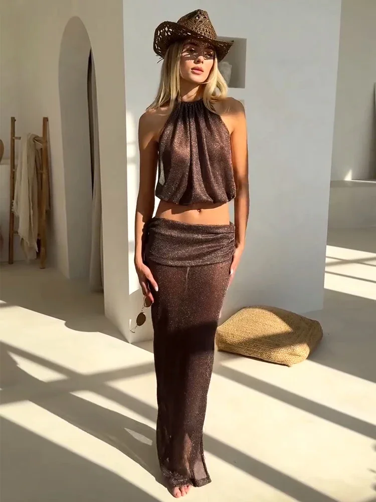 

Sexy Knit Sets Backless Wrap Lace-up Top Chic Beach Half Skirt Two-piece Cover Up 2025 Summer Women's Party Outfit