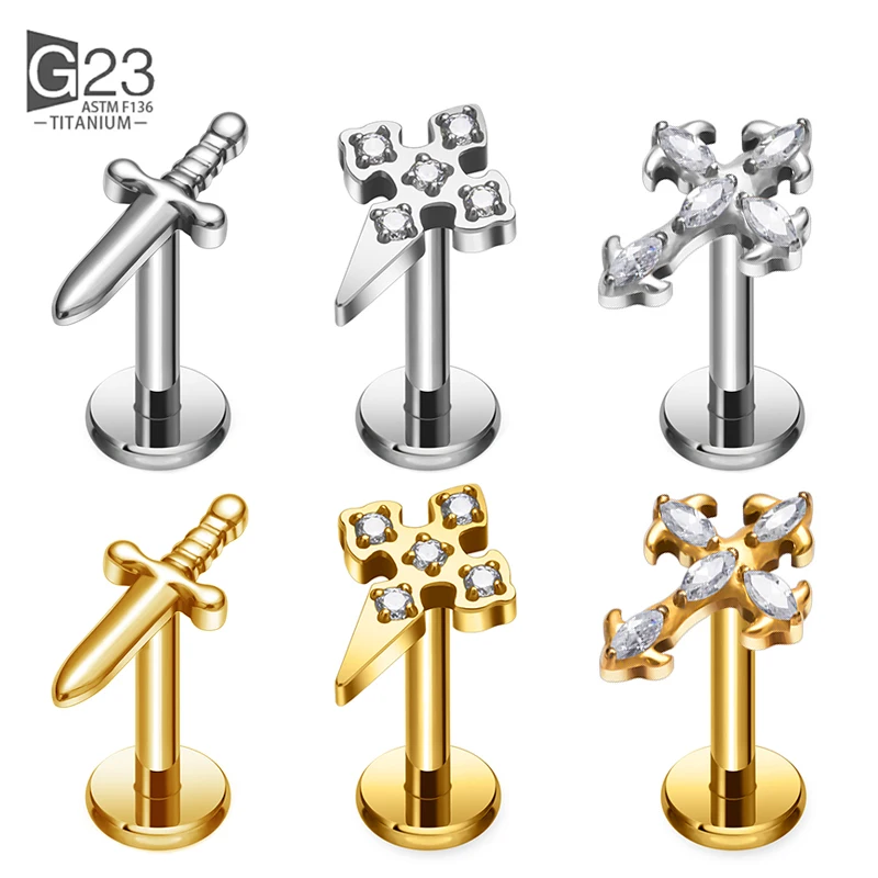 ASTM F136 Titanium Sword Zircon PIERC Labret Lip Stud Ear Cartilage Tragus Helix Piercing Threaded Ear Studs Body Jewelry ﻿