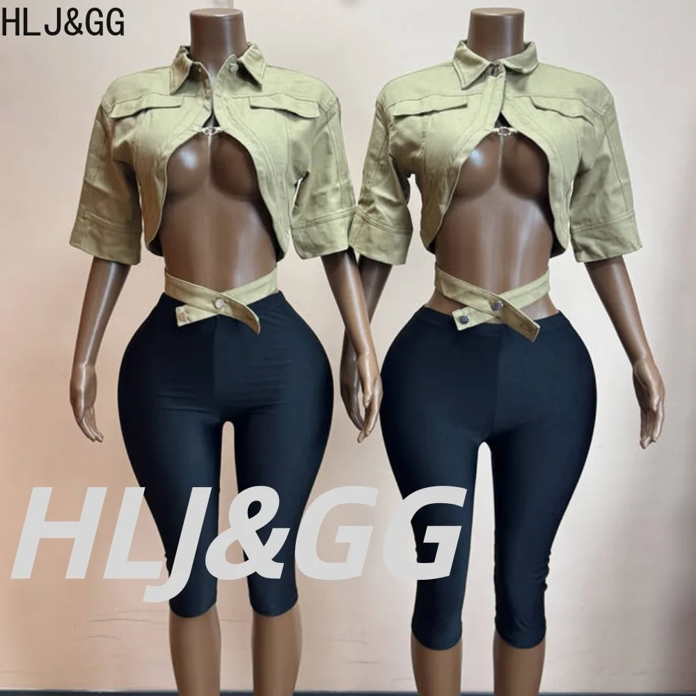 HLJ&GG Sexy Women Two Piece Set Cut Out Cropped Jacket and Capri Pants Slim Fit Y2K Streetwear Nightclub Party Matching Outfits