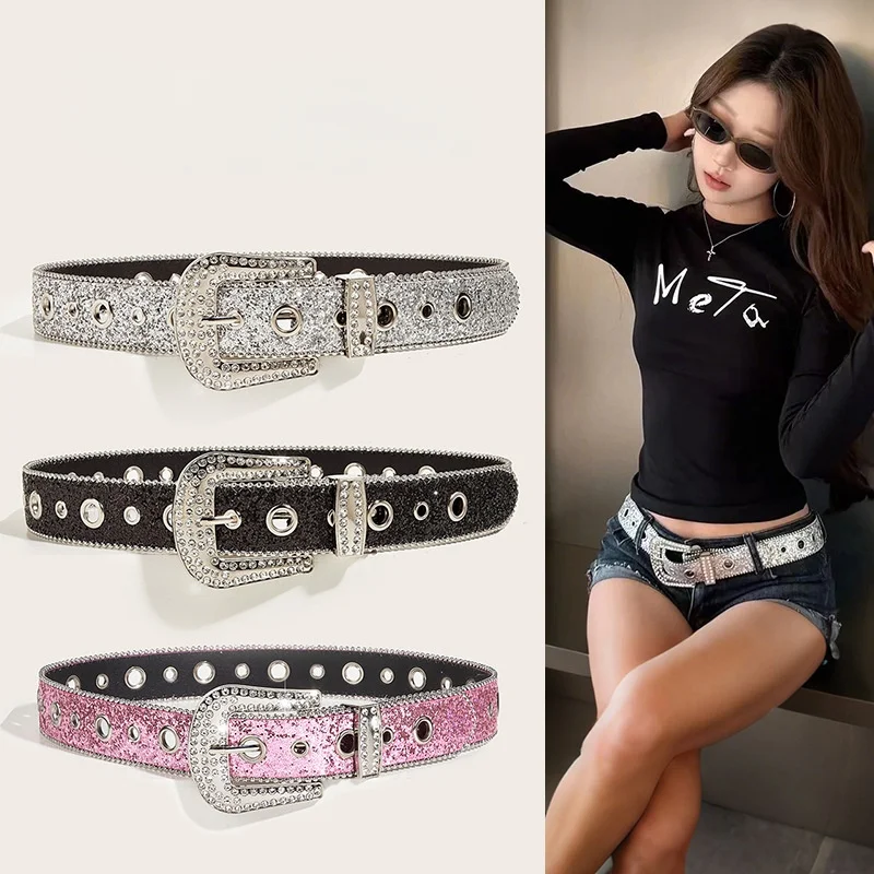 Ceinture en cuir PU Y2K Punk avec strass pour la décoration des jeans, sangle de taille scintillante à paillettes, longueur 103 cm, largeur 3,8 cm pour femmes