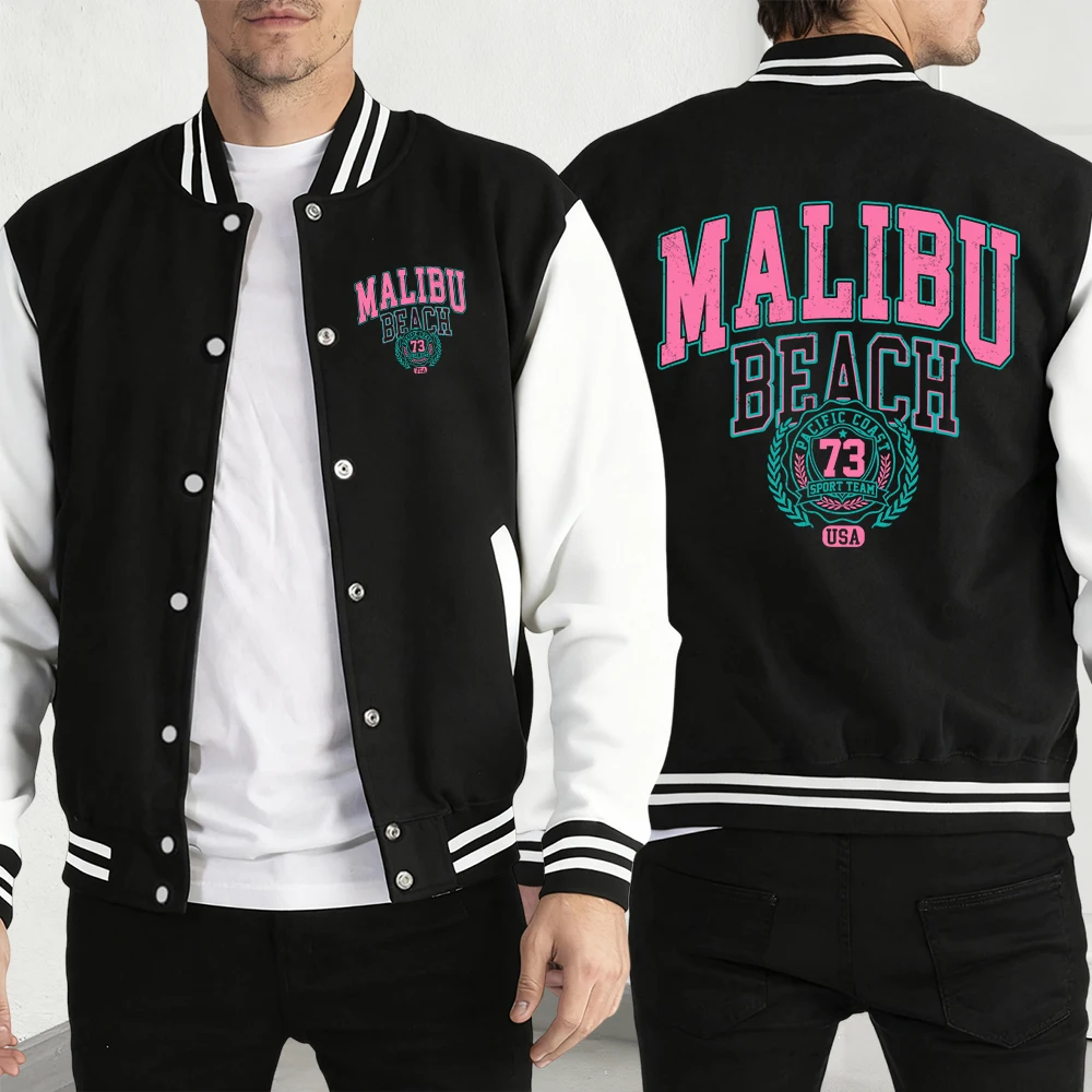 

Malibu Beach Simple Letter Print Men Baseball Jersey Fashion Pocket Y2K Menswear Hip Hop Loose Street Jacket Fleece Clothes