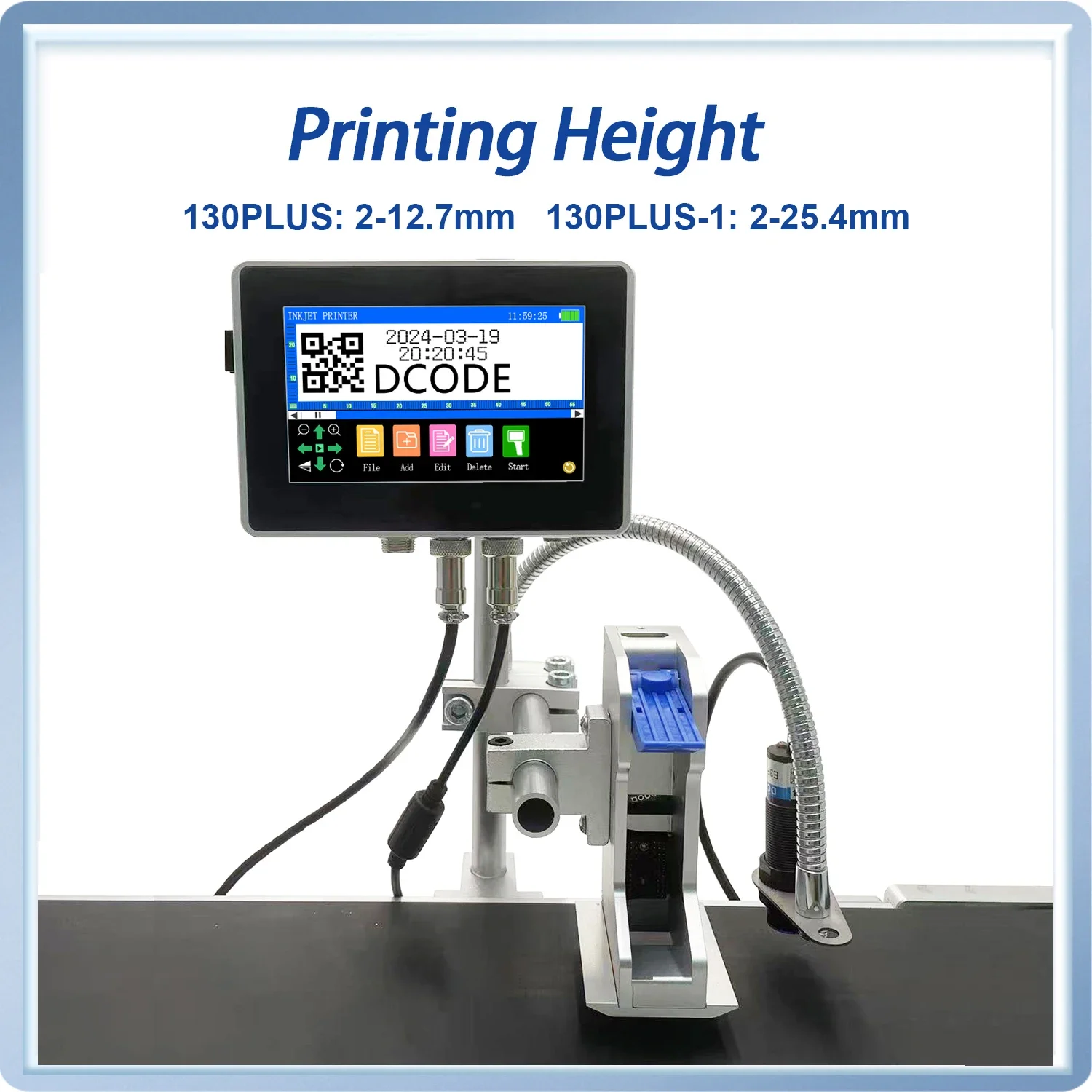 DCODE-Industrial Online Inkjet Printer, QR Barcode, Date Printer, Lote, Número, Logotipo, Data, 130Plus, 12.7mm, 25.4mm Nozzle, 4.3 "Screen