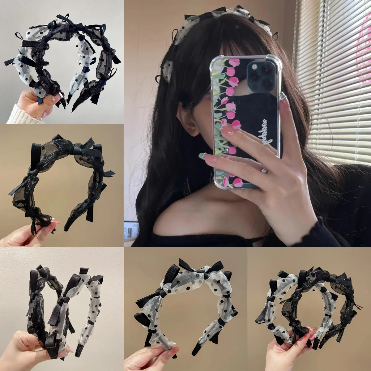 

Polka Dot Bow Lace Hairband Breathable Mesh Design Vintage Elegant Hair Hoop for Women Daily Party Occasions Hair Accessories