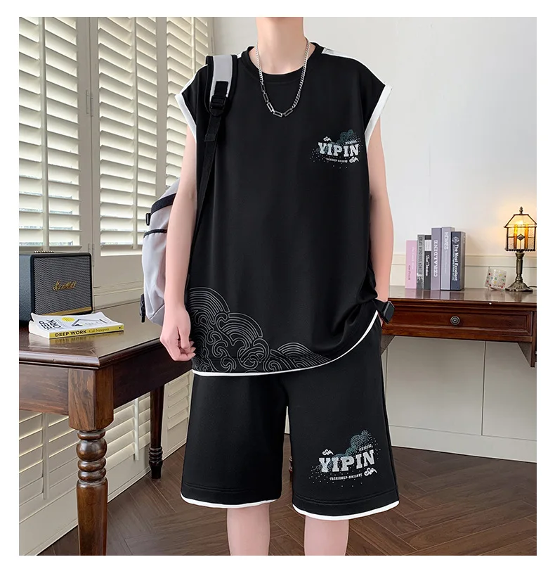 2025 Summer Ice Silk Men's Workout Set  Cooling Sleeveless Top & Shorts Two Piece Athletic Gym Running Breathable Outfit
