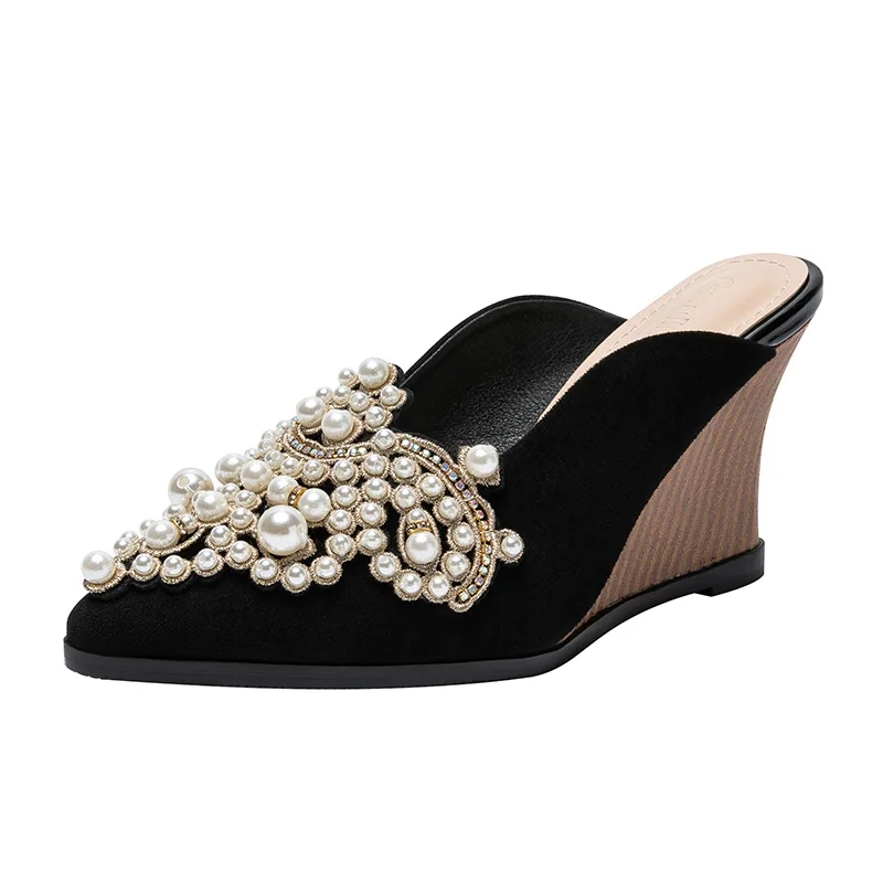 FHC Flock High Heels Pearls Wedges Shoes,Platform Summer Slides,Pointed Toe Slippers,Lazy Person Mules,Slip On,Black,Dropship