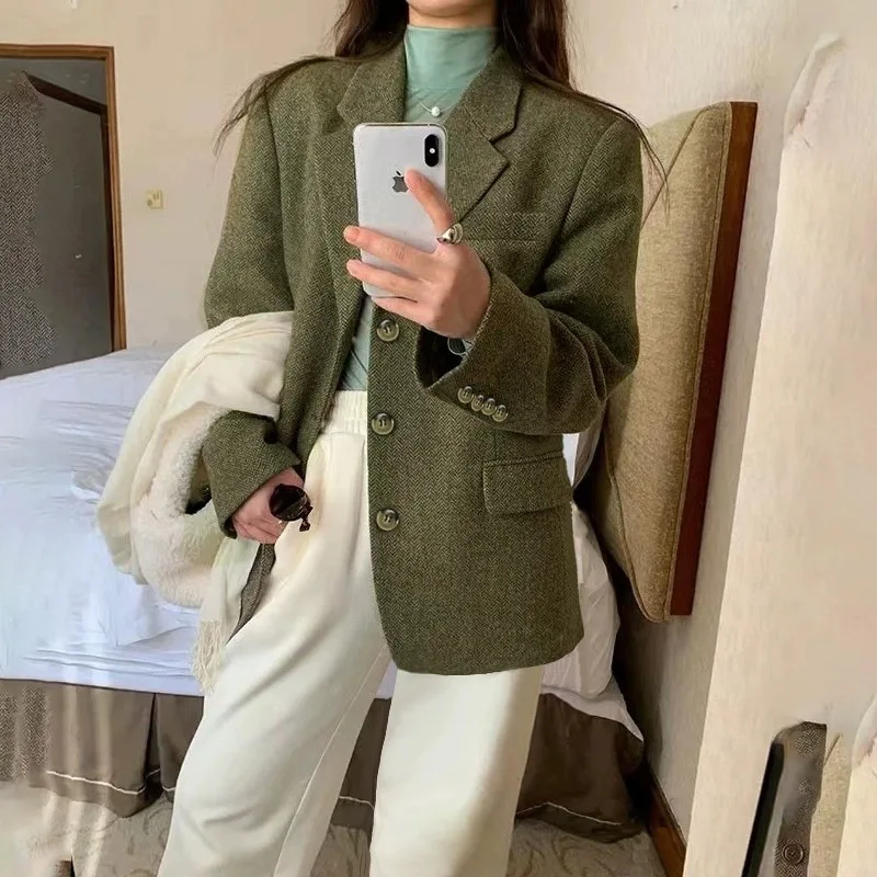 UMI MAO 100% Wool Suit Jacket High-Quality Herringbone Tweed Spring Autumn New Green Short Women's Clothing Femme