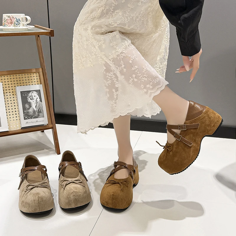 

Женские винтажные замшевые туфли Мэри Джейн на платформе с ремешком и бантом, на массивной подошве, в стиле ретро, повседневные, удобные, для женщин