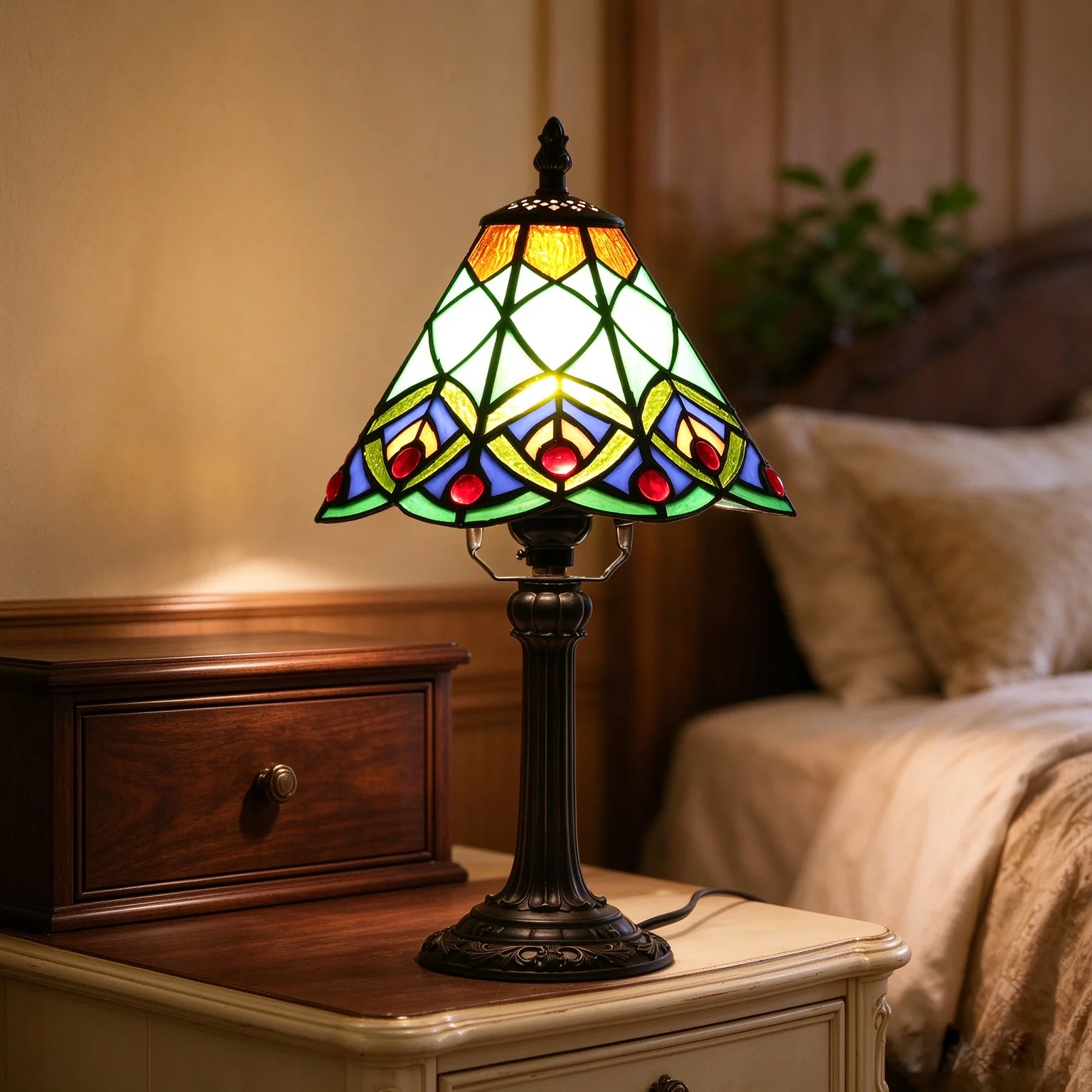 Tiffany Style Stained Glass Table lamp Green Peacock Tail Bedroom Bedside Light for Living Room Bar Retro Decor gift Nightstand
