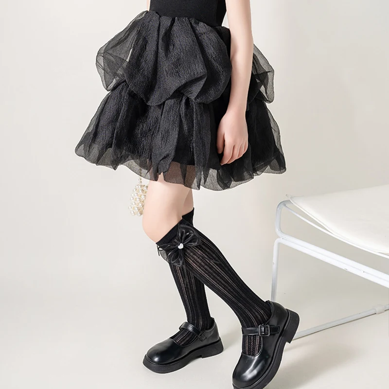 

Lolita Bow Stockings Summer Thin Breathable Baby Calf Socks 3-12Years Kids Knee High Sock Black White Color JK Girls Long Socks