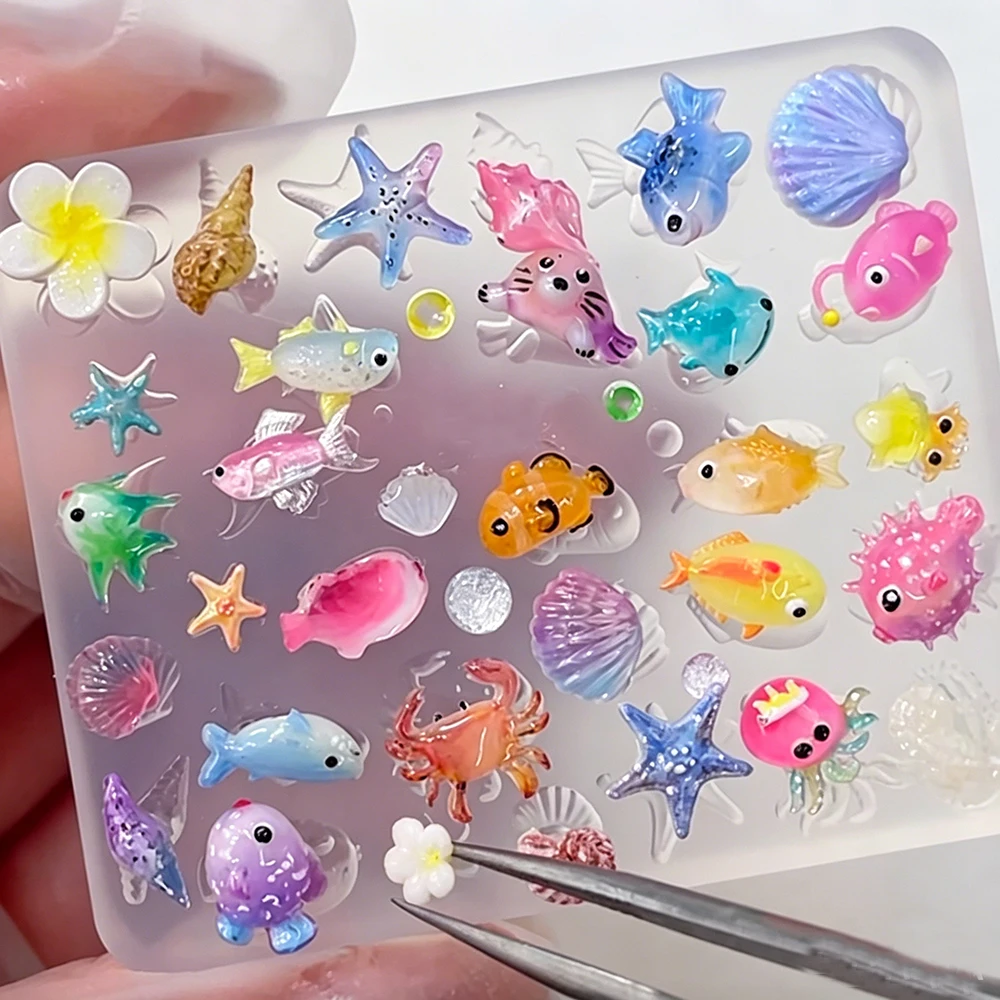 1Pcs Cute Fish Ocean Silicone Nail Carving Mold 3D Acrylic Sea Life Bubble Crab Starfish Dolphin Shell Nails Stencils Template#-