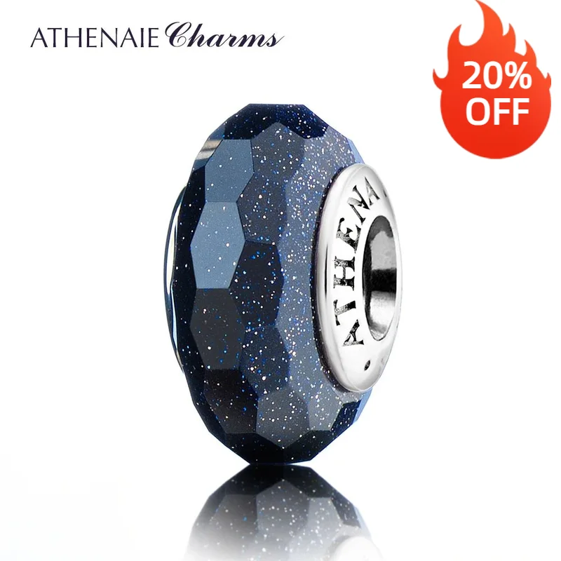 

ATHENAIE Genuine 925 Silver Core Faceted Fascinating Charm Murano Glass Bead Fit European Bracelets for Halloween ColorDark Blue