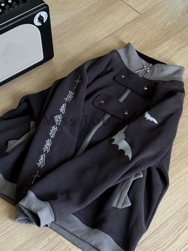 Gothic Subculture Y2K Korean Streetwear Zip Up Hoodie Jacket Women Bat Letter Graphic Print Fleece Lined Stand Collar Coat 2026 image 5